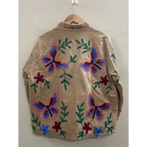 Hand Embroidered Velvet Knitted Cotton <b>Jacket</b> Women <b>Mandarin</b> <b>Collar</b> Full Sleeve Floral Pattern Open Front Prairie Winter/Spring - Product Image 3