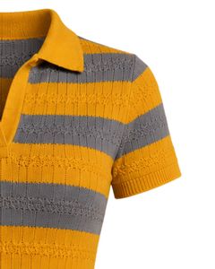 Mono de punto a rayas amarillo y gris para mujer, manga corta, cuello polo, algodón, verano, informal, de una pieza, ajustado, diseño personalizado - Product Image 5