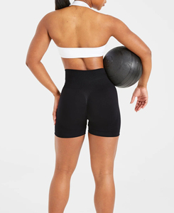 Ensemble de sport 2 pièces léger pour femme, couleur unie, tricoté, avec haut dos nu et short taille haute noir, tenue de yoga toutes saisons - Product Image 4