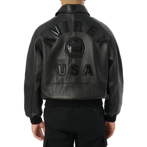 Blouson aviateur en cuir noir Premium Avirex Icon |   Patchwork architectural noir intégral brodé, vente en gros, meilleur prix - Product Image 5