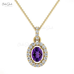 Amatista genuina 7X5mm Colgante de piedras preciosas ovaladas 14K Oro sólido Diamante Halo Colgante Joyería de oro fino a precio de fábrica al por mayor - Product Image 3