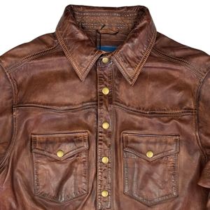 Samtiq Industries <b>Men's</b> Brown <b>Leather</b> Shirt <b>Jacket</b> Turn-down Collar Workwear Style Regular Length Single Button Closure Winter - Product Image 3