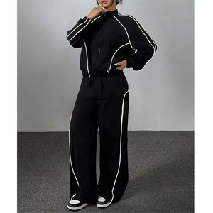 Conjunto Deportivo Negro con Capucha para Mujer, Diseño Sólido de Manga Larga, Sudadera Casual con Cierre Frontal y Pantalones con Bolsillos Laterales - Product Image 1