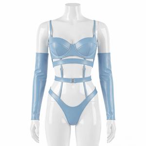 Conjunto de sujetador con aros de piel sintética roja para mujer, con tanga y brazaletes, lencería sexy de dos piezas, estilo push-up de copa completa. - Product Image 2