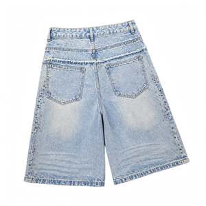 Mens Baggy <b>Wide</b> <b>Leg</b> Denim <b>Shorts</b> Double Waistband Rhinestone Studded Frayed Seam Loose Fit Vintage Washed Jorts <b>Shorts</b> Loose fit - Product Image 2