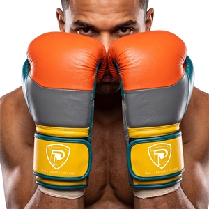 Gants de boxe en cuir orange, turquoise et jaune Dumela 16 oz, équipement d'entraînement professionnel avec logo. - Product Image 2