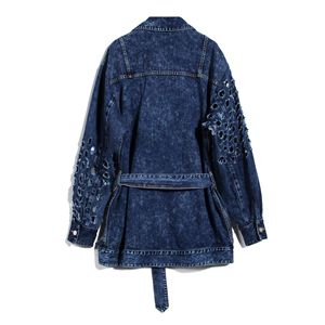 Chaqueta vaquera de mujer de estilo casual y moderno, con diseño perforado y personalidad, tejida de cuello alto y corte largo. - Product Image 2