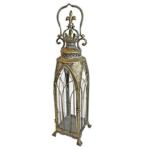 Radiant golden Moroccan style metal <b>lantern</b> with glowing geometric cutout panels., available at wholesale prices. - Product Image 4