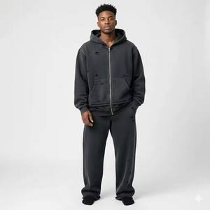 Survêtements de haute qualité personnalisés en polyester/coton, imprimés délavés à l'acide, avec trous déchirés, logo gaufré, style usé, comprenant un sweat à capuche et un pantalon de jogging - Product Image 1