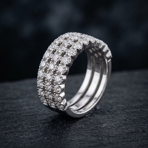 <b>Top</b> Selling demanded Wide Triple Row Statement Band Ring Bezel Set Round Cut Lab Grown Diamond Milgrain Accents Engagement Ring - Product Image 1