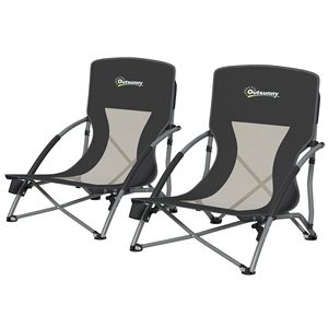 Set di 2 Sedie da Spiaggia Pieghevoli Nere con Schienale in Rete, Borsa per il Trasporto e Portabicchieri per Campeggio, Giardino, Sport e Picnic, Realizzate in Metallo Resistente - Product Image 1