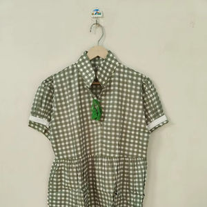 ชุดเดรสผ้าฝ้ายลายตารางสีเขียวสำหรับผู้หญิง แฮนด์เมด แขนสั้น คอปก ชุดมินิเดรสฤดูร้อน สไตล์โบโฮ เสื้อเชิ้ตทูนิคลำลอง - Product Image 1