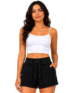 Black Women <b>Drawstring</b> Casual Shorts Soft Cotton Terry Summer Beach Lounge Shorts Elastic Waist Pocket Comfortable Fashion - Product Image 1