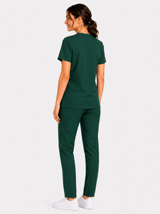 Tenues médicales respirantes personnalisables avec logo – Ensemble de blouses et pantalons à col en V, extensibles et doux, à manches courtes, pour hôpital et infirmières - Product Image 4