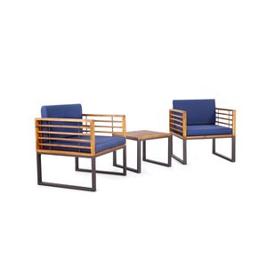 Set da conversazione da giardino in legno di acacia a 3 pezzi con poltrone imbottite - Product Image 4