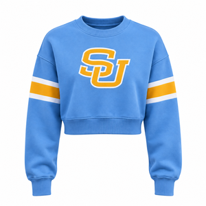 เสื้อสเวตเชิ้ตครอปปิ้ง Southern University SU แบบกำหนดเอง HBCU สีน้ำเงินทอง แขนเสื้อลายทางสไตล์วาร์ซิตี้ คอกลมสำหรับผู้หญิง ขายส่ง - Product Image 1