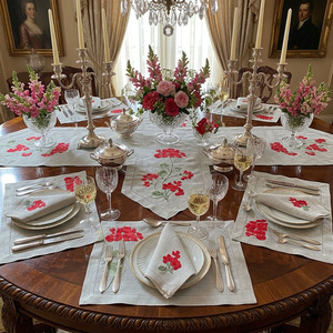 Juego de Manteles Individuales y Servilletas de Lino 100% Natural, Bordados, Lavables, con Diseño de Flores Rojas, Estilo Bohemio para Bodas, Venta al Por Mayor Personalizada - Product Image 1