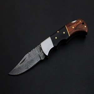 Handmade Damascus Steel Folding Knife with Two Tone Wood Handle Leather Sheath Utility survival camping knives A&M Enterprises - Product Image 5
