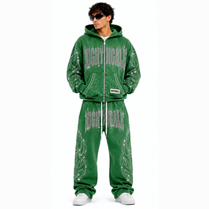 Conjunto de Sudadera con Capucha y Pantalones de Chándal de Algodón Personalizado por el Fabricante, con Efecto Desgastado por el Sol, Lavado Ácido y Pedrería, Chándal de Cristal - Product Image 2