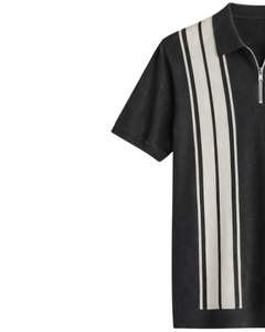 Polo de punto de manga corta para hombre, negro, con cremallera de un cuarto y rayas blancas verticales, informal, personalizado, de verano, del fabricante. - Product Image 2
