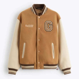 New Design Sports Varsity <b>Jacket</b> <b>Mens</b> Brown Beige <b>Letter</b> G Embroidered Front Button Closure Preppy Style Baseball Varsity <b>Jacket</b> - Product Image 1