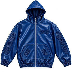 Custom <b>Men's</b> <b>Faux</b> <b>Leather</b> Hoodie <b>Jacket</b> with Embossed Logos Full Zip Urban Casual Streetwear Outerwear - Product Image 4