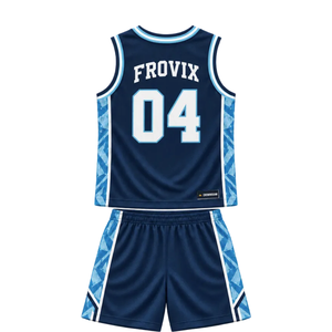 Ensemble d'uniformes de basketball personnalisés pour hommes, bleu marine et blanc, maillot sans manches à col en V, shorts, panneaux géométriques, numéros d'équipe, kits en gros - Product Image 2