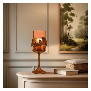 Decorative Antique Style Antique Style Ginkgo <b>Leaf</b> Candle Holder With Amber Glass Cylinder Heat Resistant Home Decoration - Product Image 2