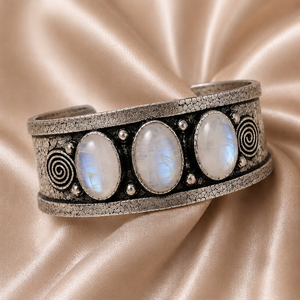 <b>Crystal</b> Dawn Natural Rainbow Moonstone Trio Gem Wide Bezel Set Cuff Bangle Handcrafted Brass Silver/Gold Plated Artisan Classic - Product Image 4