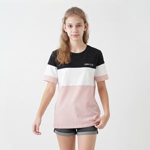 T-shirt pour femme à col rond trois tons, logo personnalisé, mélange de coton, manches courtes, coupe classique, décontracté, tendance - Product Image 3