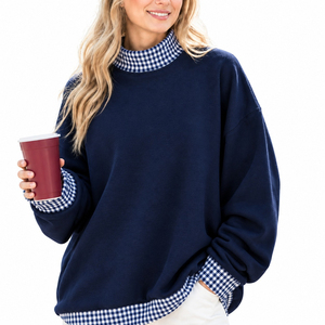 Custom <b>Women's</b> Black Pullover <b>Sweatshirt</b> with Black <b>White</b> Checkered Collar and Cuffs Wholesale Manufacturer - Product Image 6