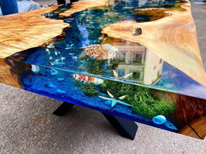 Table de salle à manger et table basse en résine époxy, design tropical bleu-vert rivière, en bois d'acacia sur mesure, style luxe Diwali, pour cuisine - Product Image 4