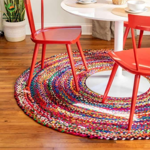 Alfombras de Yute y Algodón Ecológicas Hechas a Mano de 150 cm con Telas de Colores Incorporadas, Personalizables para Comedores y Dormitorios - Product Image 1