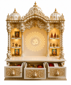 Royal Hand-Carved Teak Wood Home <b>Mandir</b> Design Big Size Floor Standing Hindu Home Temple Cabinet with Storage Drawers Puja Unit - Product Image 6