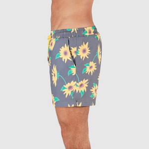 Short de bain pour homme à imprimé floral avec cordon de serrage, séchage rapide, longueur courte, motif tournesol gris et jaune - Product Image 3