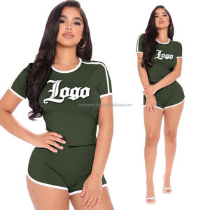 OEM Service Hot Selling Solid 2 Piece <b>Set</b> Women 100% Cotton Canvas Above Knee T-shirt Shorts Customized Logo Women's Casual <b>Set</b> - Product Image 5