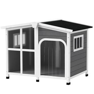 Casa per cani in legno in stile grigio scuro con tetto apribile e finestra gigante per mobili da esterno di grandi dimensioni - Product Image 1