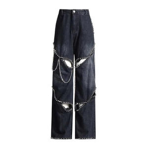 Pantalones anchos vintage de mezclilla con cadena y patchwork para mujer, de cintura alta, holgados, estilo urbano, vaqueros baggy en oferta - Product Image 2
