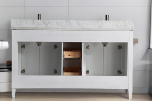 Mueble de Baño Moderno de Madera Contrachapada y Mármol, 60 Pulgadas, Color Blanco, con Espejo y Cajones de Cierre Suave para Villa - Product Image 6