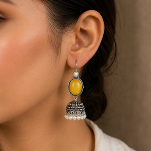 Boucles d'oreilles Jhumka ovales vintage tibétaines bohèmes en laiton plaqué argent avec améthyste jaune et perles d'imitation pour femme, idéales pour les soirées - Product Image 3