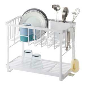 Égouttoir à vaisselle compact à 2 niveaux en fil métallique blanc pour comptoir, avec porte-couverts et porte-baguettes, et bac de récupération des eaux - Product Image 3