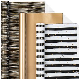 Rotolo di Carta da Regalo di Lusso Nero con Strisce Dorate 17 x 120 Pollici per Confezioni Regalo di Anniversario e Compleanno Uomo - Product Image 1