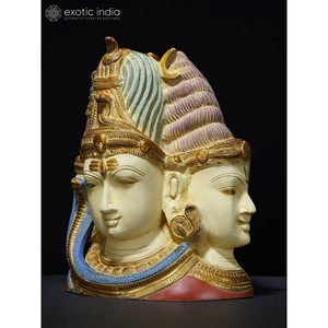 Sculpture de buste Tri-Dev colorée de 11.5 pouces en laiton avec Devi sur le dos pour la maison, les cadeaux et le temple fabriqués en Inde - Product Image 2