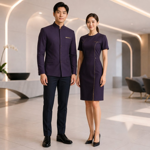 Ensemble uniforme col mandarin bleu sarcelle avec pantalon marine en coton respirant unisexe pour adultes - Product Image 2