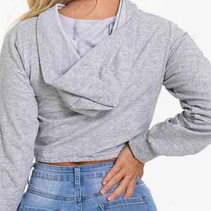 Sudadera con Capucha Asimétrica Gris para Mujer, Manga Larga, Color Sólido, Mezcla de Algodón, Tejido Transpirable, Ropa de Otoño - Product Image 6