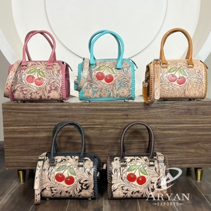 Sac bandoulière unisexe en cuir véritable de vachette, motif floral cerise, fait main, taille moyenne, style Speedy, à prix réduit - Product Image 1