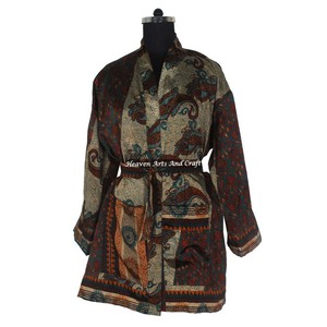 KS007 Kimono Vintage de Seda con Manga Corta, Estilo Sari, Vestido Corto Bohemio, Kimono Vintage, Vestido Corto de Dama de Honor, Estilo Bohemio - Product Image 2
