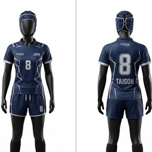 Uniforme de rugby pour hommes, tissu en polyester maillé premium 240 GSM, bleu marine et blanc, séchage rapide, tissu extensible, panneaux latéraux incurvés, logo personnalisé par sublimation - Product Image 1