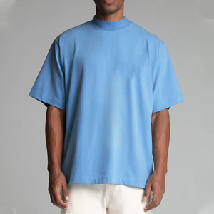 T-shirt à col montant bleu clair pour homme, 100% coton, manches courtes, couleur unie, pull-over, style été - Product Image 1