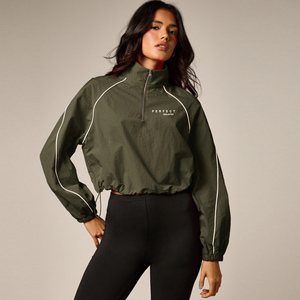 <b>Women's</b> Cropped Half-Zip Windbreaker Jacket With Reflective Piping, <b>Elasticated</b> Cuffs & Drawstring Hem <b>For</b> Fall Winter - Product Image 1